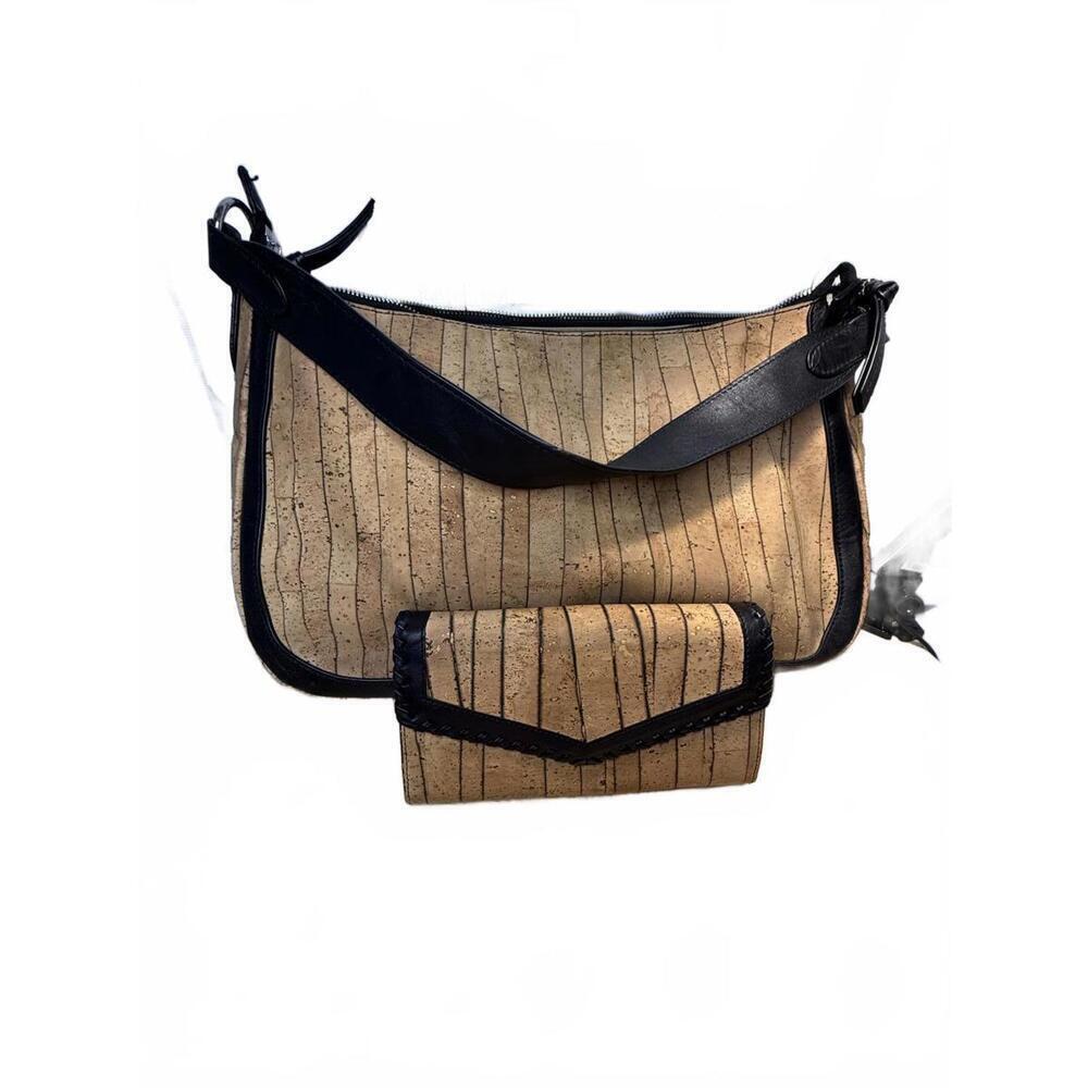 Queork Cork Handbags Beige Black Classic Shoulder Bag With Wallet Everyday Retro